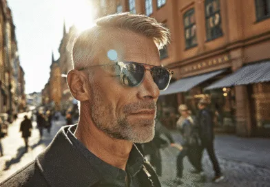 En medelålders man med solglasögon promenerar genom en solig stadsgata med gamla byggnader omkring. Människor går i bakgrunden, vilket skapar en livlig stadsatmosfär. Midcent: Resa.