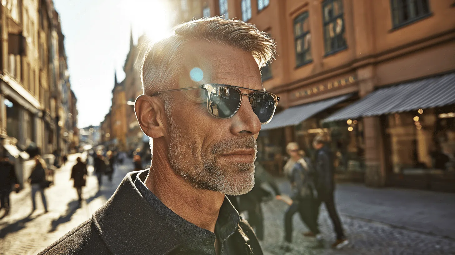 En medelålders man med solglasögon promenerar genom en solig stadsgata med gamla byggnader omkring. Människor går i bakgrunden, vilket skapar en livlig stadsatmosfär. Midcent: Resa.