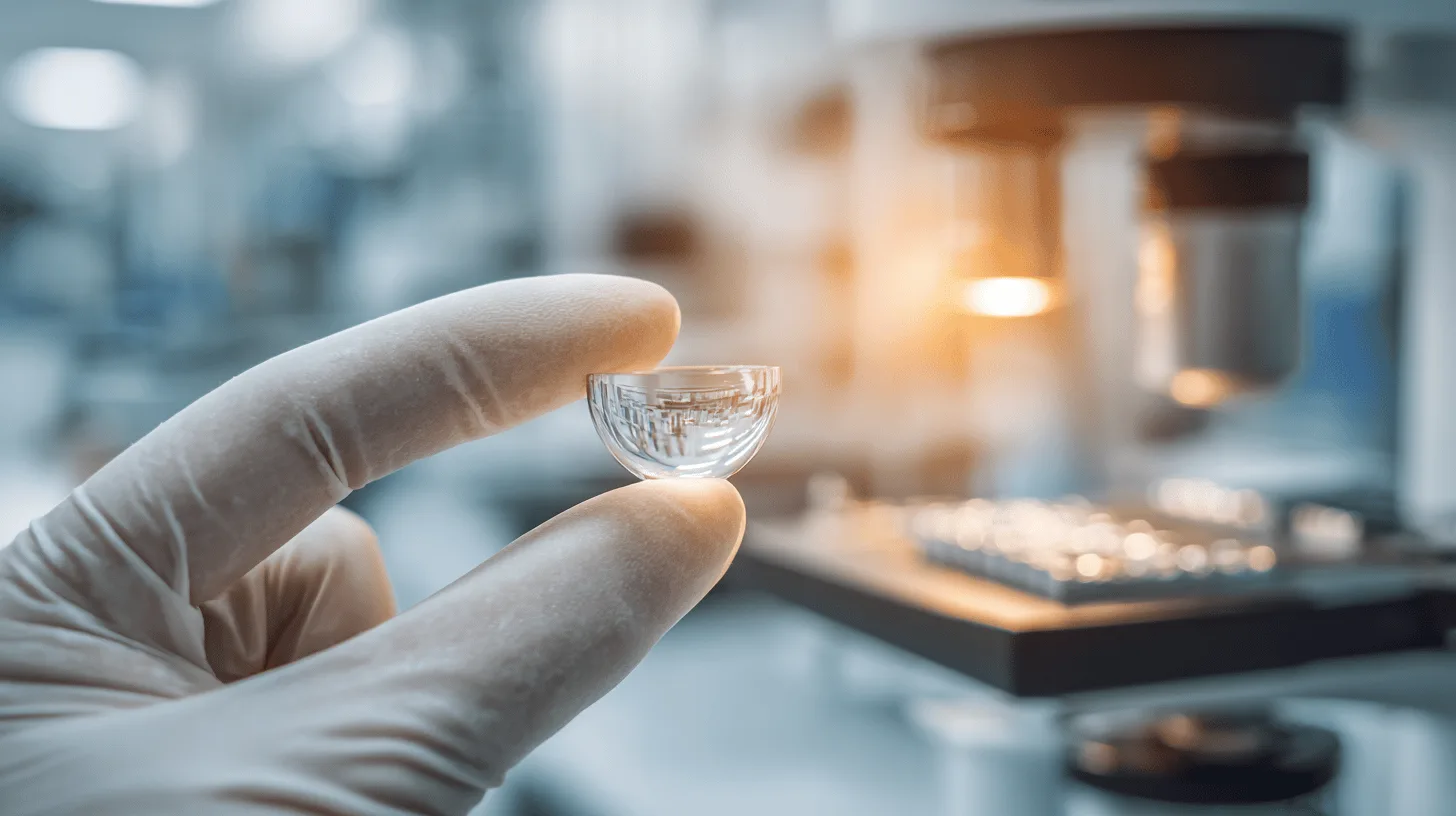 Midcent: En hand i latexhandske håller ett transparent halvklot i ett laboratorium. I bakgrunden syns suddiga laboratorieinstrument och ett mikroskop i mjukt ljus. Teknik.