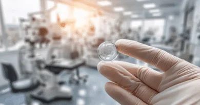 Midcent: En närbild på en lins i en klinisk miljö symboliserar avancerad ögonvård och teknologi. Fokus på precision och medicinsk innovation. Perfekt för dem som söker information om modern ögonkirurgi. Kategori: Hälsa.