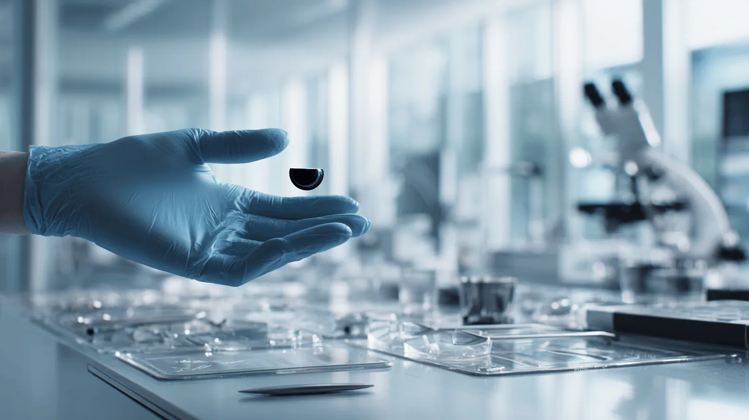 Midcent Teknik: En laboratoriemiljö med fokus på avancerad teknik visas genom en blå handskbeklädd hand som håller ett litet objekt, omgiven av mikroskop och vetenskaplig utrustning. Innovativ forskning och teknikutveckling i centrum.