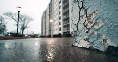 Midcent: En närbild av krackelerad färg mot en stadsmiljö i en regnig dag. Modern arkitektur i bakgrunden med träd och gatlyktor, som skapar en suggestiv atmosfär. Kategori: Samhälle.