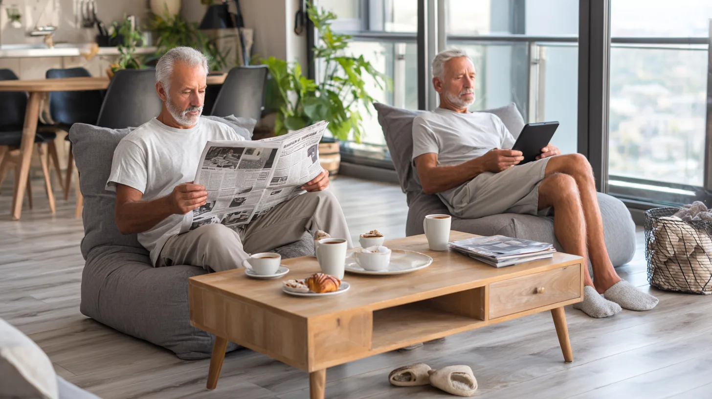 Midcent erbjuder en avslappnad inomhusmiljö med två medelålders män som njuter av tidningen och en surfplatta. Kaffe och bakverk på bordet skapar en trivsam atmosfär. Kategori: Samhälle.