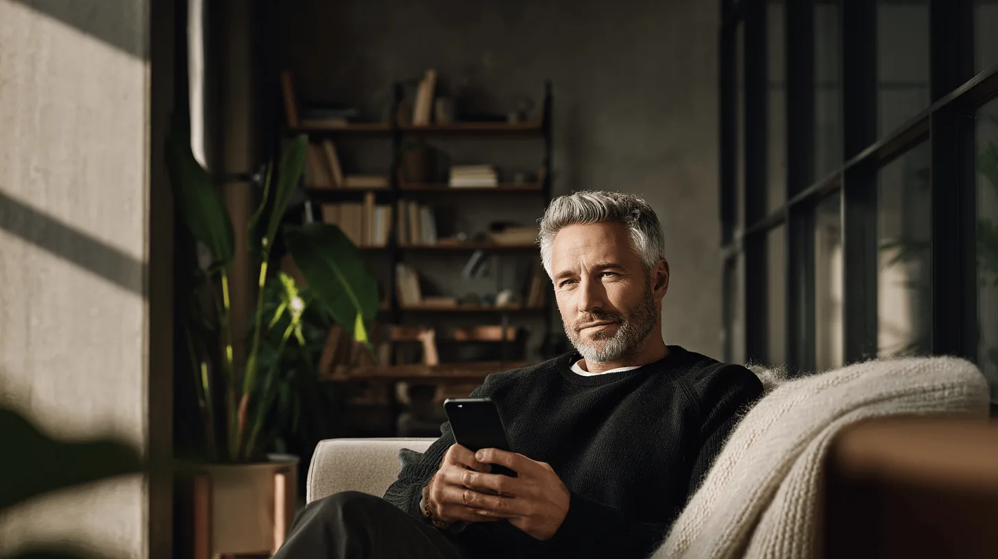 En medelålders man sitter avslappnat i ett modernt hem med en smartphone i handen. Solstrålar lyser in genom stora fönster. Elegant inredning med böcker och växter i bakgrunden. Midcent. Heminredning.