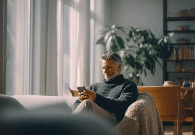 Midcent: En medelålders man sitter avslappnat i en modern lägenhet med smartphone i handen, omgiven av naturligt ljus och grönska. Heminredning och teknik i harmoni. Teknik.