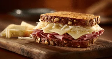 Midcent: Njut av en saftig macka med delikat kött, smältande ost och krispig surkål på rustikt fullkornsbröd. Perfekt för en snabb lunch eller enkel middag, serverad med extra ostskivor. Mat.