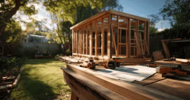 Midcent presenterar ett träprojekt utomhus med en halvfärdig byggnad i trä. Verktygslåda med ritningar syns i förgrunden. Perfekt för hemmafixare och byggnadsentusiaster. Utforska kreativitet och hantverk i denna inspirerande miljö. Kategori: Teknik