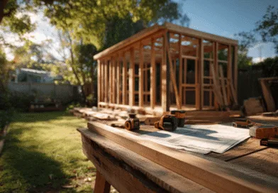 Midcent presenterar ett träprojekt utomhus med en halvfärdig byggnad i trä. Verktygslåda med ritningar syns i förgrunden. Perfekt för hemmafixare och byggnadsentusiaster. Utforska kreativitet och hantverk i denna inspirerande miljö. Kategori: Teknik