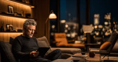 Midcent | En medelålders man sitter i en elegant, modernt inredd vardagsrumsinteriör och använder en surfplatta. Bakgrundsbelysning och fönster med stadsvy kompletterar den avkopplande kvällsstämningen. Kategori: Underhållning.