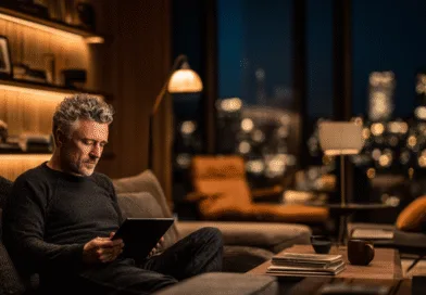 Midcent | En medelålders man sitter i en elegant, modernt inredd vardagsrumsinteriör och använder en surfplatta. Bakgrundsbelysning och fönster med stadsvy kompletterar den avkopplande kvällsstämningen. Kategori: Underhållning.