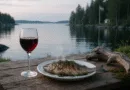 Midcent: En idyllisk svensk sommarscen med en grillad fisk på tallrik och glas med rött vin vid vattnet. Perfekt för avkopplande måltider i naturskön miljö, med en svensk flagga i bakgrunden. Mat, Resa.