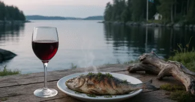 Midcent: En idyllisk svensk sommarscen med en grillad fisk på tallrik och glas med rött vin vid vattnet. Perfekt för avkopplande måltider i naturskön miljö, med en svensk flagga i bakgrunden. Mat, Resa.