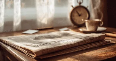 Midcent: Ett charmigt stilleben med vintage-klocka, ångande kaffekopp och tidning. Perfekt för den som älskar retroinspirerade inslag och lugna morgonstunder. Lämpligt för inrednings- eller livsstilsentusiaster. Kategori: Underhållning.