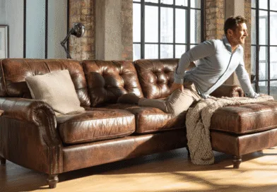 Midcent: En medelålders man njuter av en solig dag i en elegant lädermöblerad lägenhet. Vardagslyx och komfort förenas i en modern stadsomgivning med stora fönster och rustika tegelväggar. Kategori: Hem och Inredning.