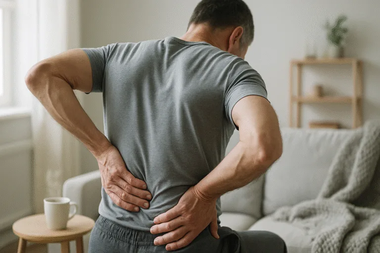 En medelålders man upplever ryggsmärta i ett hemtrevligt rum, vilket belyser vikten av ergonomi och fysisk hälsa. Koppen kaffe antyder en avslappnad miljö. Midcent. Kategori: Hälsa.