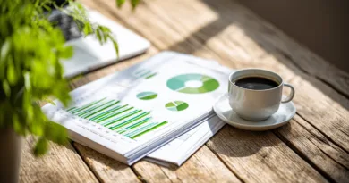 Midcent: Ett träbord med rapporter och grafer i grön färg samt en kopp svart kaffe bredvid en dator, idealiskt för ekonomisk arbetsmiljöanalys. Ekonomi.