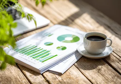 Midcent: Ett träbord med rapporter och grafer i grön färg samt en kopp svart kaffe bredvid en dator, idealiskt för ekonomisk arbetsmiljöanalys. Ekonomi.