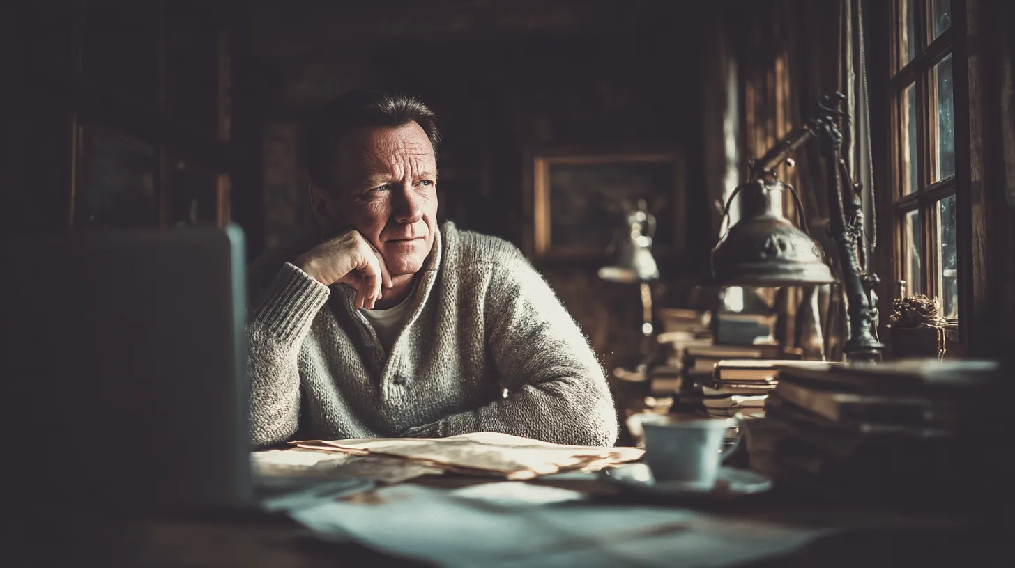 En medelålders man sitter eftertänksamt i ett mysigt arbetsrum med böcker och en laptop. Genom fönstret strömmar dagsljus in. Perfekt för reflektion och kreativt arbete. Midcent. Kategori: Samhälle.