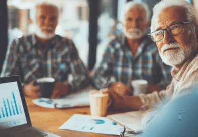 Midcent: En medelålders man diskuterar affärsstrategi i en grupp; fokus på ekonomiska analyser och tillväxt. Ekonomi.