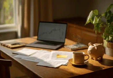 Midcent - Ett skrivbord med laptop, pappersarbete och en spargris skapar en perfekt arbetsplats för ekonomiska analyser. Ljuset från fönstret förstärker fokus och produktivitet. Ekonomi.