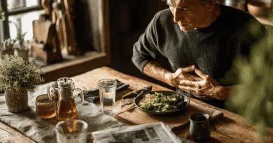 Fiseriet som ingen vill prata om – så slipper du ballongmage En medelålders man sitter vid ett rustikt träbord och håller sin mage, omgiven av hälsosam mat och dryck. Atmosfären signalerar bekymmer över hälsa och livsstil. Midcent. Hälsa.