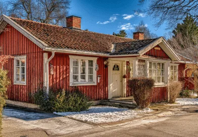Rött trähus i en lantlig miljö med snöfläckar och solbelyst fasad, typiskt svenskt. Charmig och klassisk arkitektur med vita fönsterdetaljer. Perfekt för naturälskare och traditionellt boende.Midcent. Kategori: Resa.