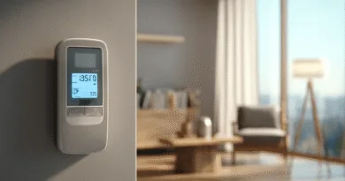 Midcent – En modern termostat lyser i ett elegant vardagsrum, vilket framhäver avancerad energieffektivitetsstyrning i hemmet. Perfekt för att optimera inomhusklimatet med stil. Kategori: Teknik.