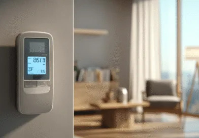 Midcent – En modern termostat lyser i ett elegant vardagsrum, vilket framhäver avancerad energieffektivitetsstyrning i hemmet. Perfekt för att optimera inomhusklimatet med stil. Kategori: Teknik.