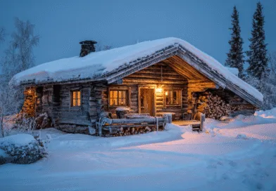 Rustik stuga i vintrigt landskap, Midcent. Mysig belysning och snöbeklädd omgivning skapar en idyllisk atmosfär. Perfekt för avkoppling och njutning av naturens skönhet under kalla vinterkvällar. Kategori: Resa.