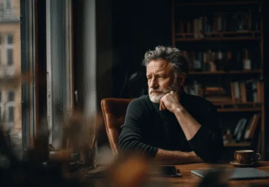 En medelålders man sitter vid ett bord och tittar tankfullt ut genom fönstret i ett bokfyllt rum. Han har en kopp kaffe nära sig. Midcent. Kategori: Samhälle.