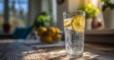 Midcent: Ett glas mousserande vatten med skivor av citron, placerat på ett solbelyst köksbord. Fräscht, uppfriskande och perfekt för hälsa och välbefinnande. Kategori: Hälsa.