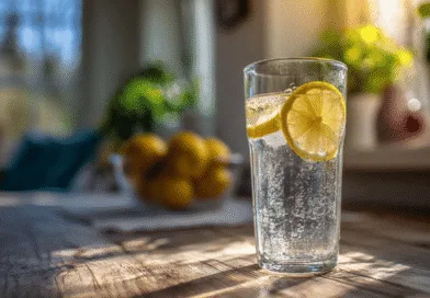Midcent: Ett glas mousserande vatten med skivor av citron, placerat på ett solbelyst köksbord. Fräscht, uppfriskande och perfekt för hälsa och välbefinnande. Kategori: Hälsa.
