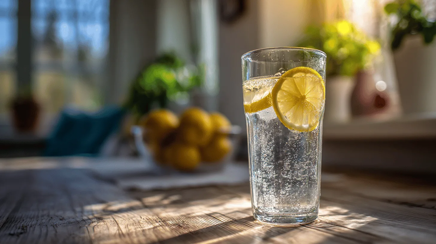 Midcent: Ett glas mousserande vatten med skivor av citron, placerat på ett solbelyst köksbord. Fräscht, uppfriskande och perfekt för hälsa och välbefinnande. Kategori: Hälsa.