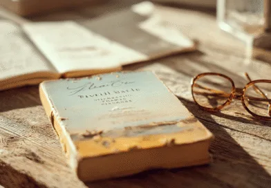 Midcent: Ett vackert stilleben med en gammal bok och runda glasögon på ett rustikt träbord, vilket skapar en känsla av nostalgi och lugn. Perfekt för älskare av litteratur och vintageestetik. Kategori: Underhållning.