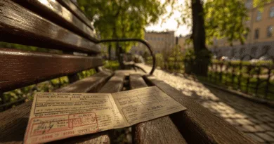 En öppen äldre bok ligger på en parkbänk under ett lummigt träd i solljuset. Denna nostalgiska scen fångar essensen av en stillsam sommardag i parken.Midcent: Resa.