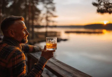 En medelålders man njuter av en solnedgång vid sjön, med ett glas whiskey i handen på en verandabrygga, omgiven av naturens lugn. Midcent Resa.