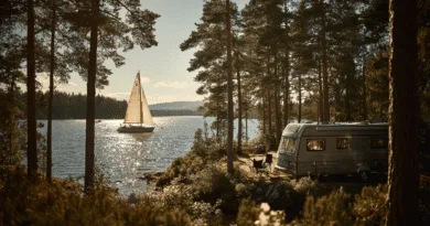 Midcent: En solig sjöutsikt med en segelbåt på vattnet och husvagn i skogslandskap. Perfekt för en avkopplande naturupplevelse. Kategori: Resa.