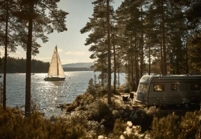 Midcent: En solig sjöutsikt med en segelbåt på vattnet och husvagn i skogslandskap. Perfekt för en avkopplande naturupplevelse. Kategori: Resa.