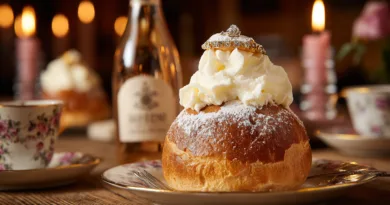 Midcent Mat: En lyxig semla toppad med vispgrädde och ett smycke skapar en elegant fika-upplevelse vid bordet, omgiven av