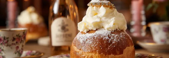 Midcent Mat: En lyxig semla toppad med vispgrädde och ett smycke skapar en elegant fika-upplevelse vid bordet, omgiven av