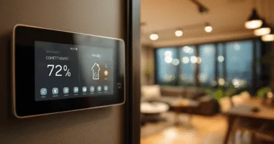 Midcent: En modern lägenhet med smarta hemteknologier. En stilfull pekskärm visar klimatkontroller med 72% luftfuktighet. Utsikten utanför erbjuder en lugn stadsmiljö, perfekta för tekniskt avancerad livsstil. Teknik.