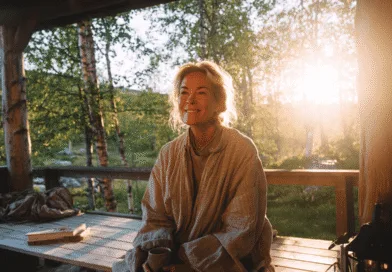 Midcent: En leende kvinna sitter på en veranda i morgonljus, omgiven av skog och njuter av en kopp te. Naturnära atmosfär med avkoppling och stillhet i fokus. Perfekt för stressfri återhämtning.Kategori: Resa.
