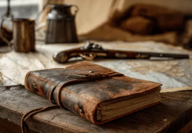 Midcent - Ett gammalt läderbundet anteckningsblock, karta och antik pistol på ett träbord skapar en atmosfär av historiskt äventyr och utforskning. Perfekt för entusiaster av vintage- och klassisk estetik. Kategori: Underhållning.