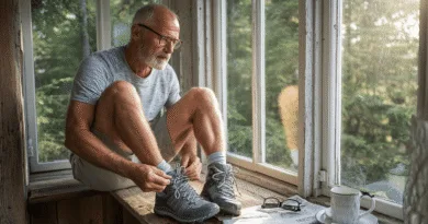 En medelålders man sitter vid ett solbelyst fönster och knyter skosnören, omgiven av natur. Han ser förberedd ut för en utomhusaktivitet. Midcent: Hälsa.