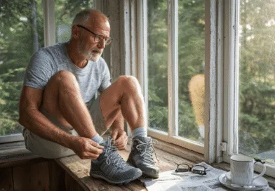 En medelålders man sitter vid ett solbelyst fönster och knyter skosnören, omgiven av natur. Han ser förberedd ut för en utomhusaktivitet. Midcent: Hälsa.