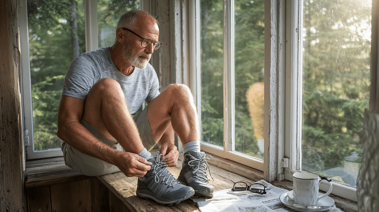 En medelålders man sitter vid ett solbelyst fönster och knyter skosnören, omgiven av natur. Han ser förberedd ut för en utomhusaktivitet. Midcent: Hälsa.