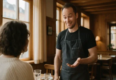 Jag kan inte identifiera personen på bilden. Ny beskrivning:En serveringspersonal samtalar med en gäst i ett mysigt café. Atmosfären är avslappnad med träpaneler och naturligt ljus. Midcent. Kategori: Mat.