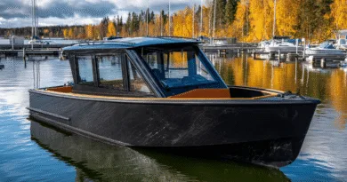 Midcent presenterar en elegant och modern båt vid en pittoresk marina omgiven av höstfärgade träd. Perfekt för naturälskare och båtintresserade som söker en stilren upplevelse på vattnet. Kategori: Resa.