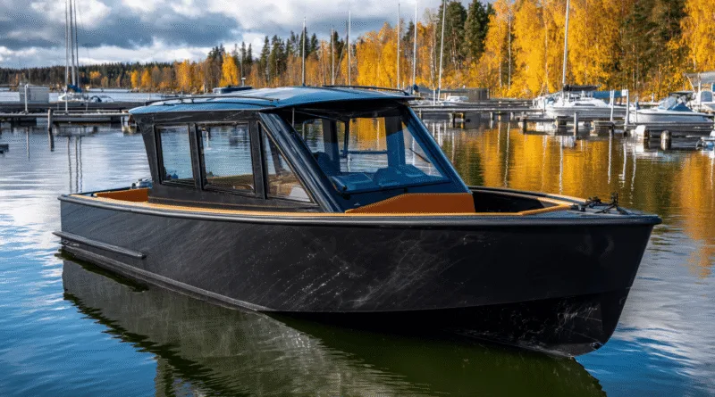 Midcent presenterar en elegant och modern båt vid en pittoresk marina omgiven av höstfärgade träd. Perfekt för naturälskare och båtintresserade som söker en stilren upplevelse på vattnet. Kategori: Resa.