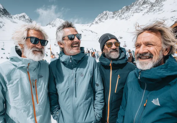 Midcent: En grupp medelålders män har kul i en naturskön skidort med snötäckta berg i bakgrunden. De är klädda i